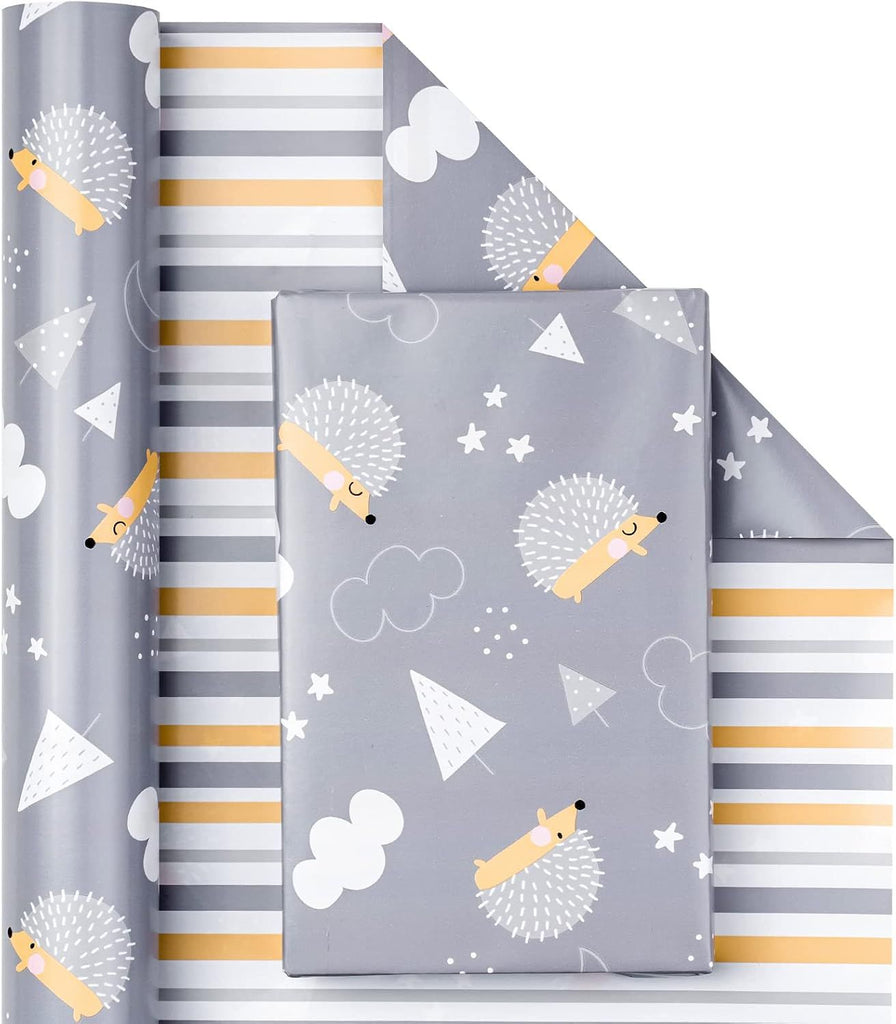 Reversible Baby Shower Wrapping Paper - Mini Roll - 17 Inch x 33 Feet - Cute Hedgehogs and Stripes Design for Birthday, Holiday, Party