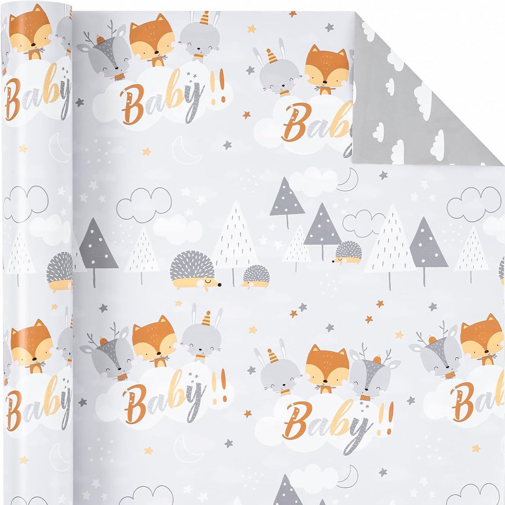 Reversible Baby Shower Wrapping Paper - Mini Roll - 17 Inch X 33 Feet - Grey Animal Design Neutral Baby Shower, Boys Girls Kids Birthday