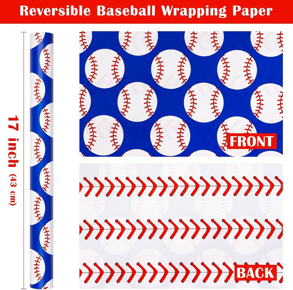 Reversible Baseball Wrapping Paper Roll - Mini Roll - 17 Inch x 33 Feet - Classic Sports Baseball and Red Stitching Design for Birthday, Baby Shower, Party, Holiday