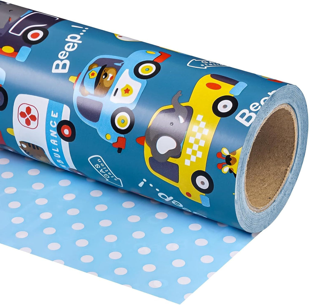Reversible Car Wrapping Paper - Mini Roll - 17 Inch x 33 Feet - Adorable Police Car Fire Trucks Animal Wrapping Paper for Kids Boys Birthday, Baby Shower