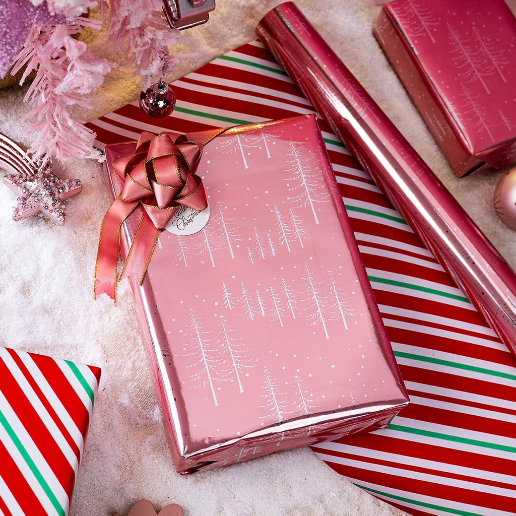 Reversible Christmas Wrapping Paper, Pink Wrapping Paper, Elegant Winter Forest Tree Design with Metallic Foil Shine for Gift Packaging, Holiday Presents (Mini Roll, 17 Inch X 33 Feet)