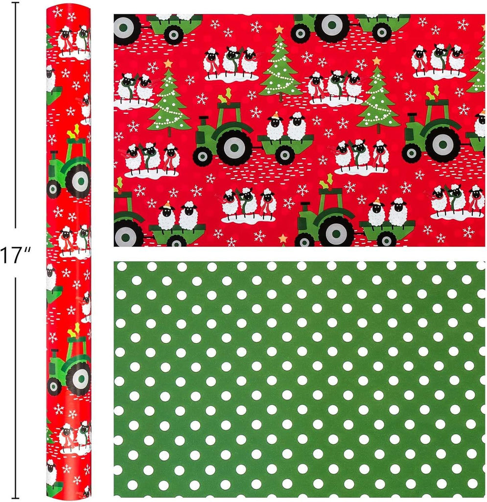 Reversible Christmas Wrapping Paper Roll - Cute Sheep, Car, Christmas Tree & Green Polka Dot, Farm Theme Gift Wrap for Christmas, New Year Celebration - Mini Roll - 17 Inch x 33 Feet
