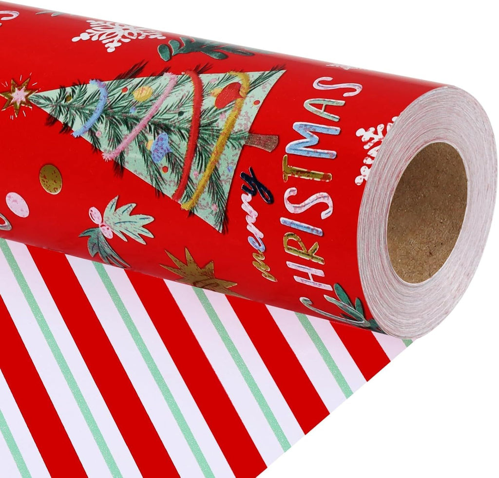 Reversible Christmas Wrapping Paper Roll, Classic Christmas Tree Design with Candy Canes & Snowflakes, Red Holiday Gift Wrap Paper for Xmas, Season Party Celebration, 17 Inch X 33 Feet