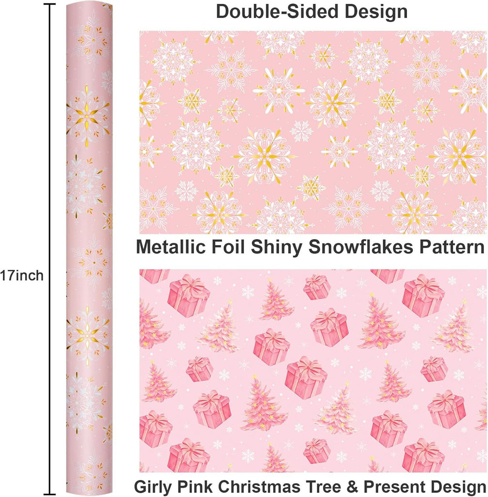 Reversible Christmas Wrapping Paper Roll, Pink and Gold Wrapping Paper, Metallic Foil Girly Snowflake, Tree & Present Christma Gift Wrap for Gilr Women Holiday Celebration (17 Inch X 33 Feet)