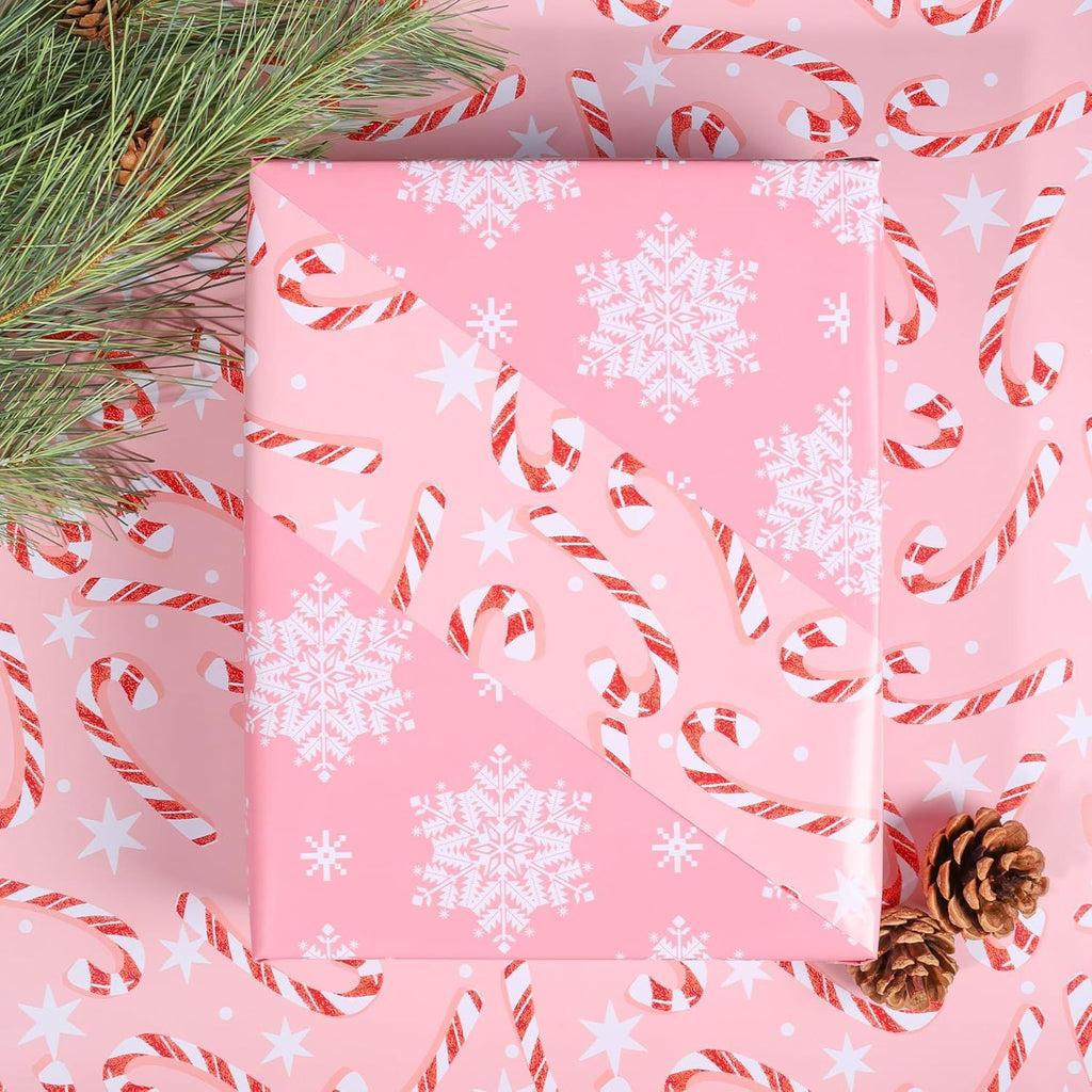 Reversible Christmas Wrapping Paper Roll, Pink Snowflake & Candy Cane Design for Christmas, Party, Holiday, Celebration, 17 Inch X 33 Feet