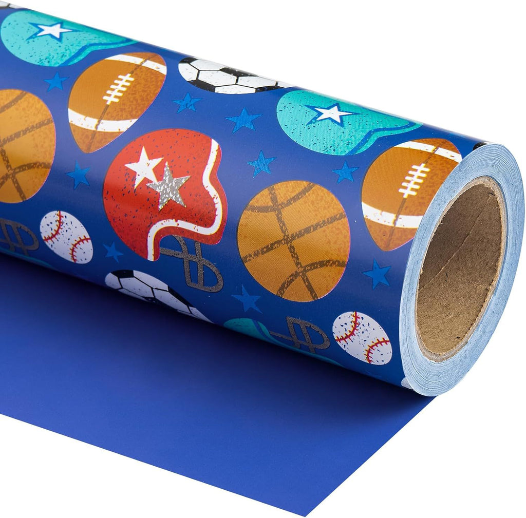 Reversible Football Wrapping Paper - Mini Roll - 17 Inch X 33 Feet - Ball Design with Solid Blue Design for Birthday, Holiday, Baby Shower