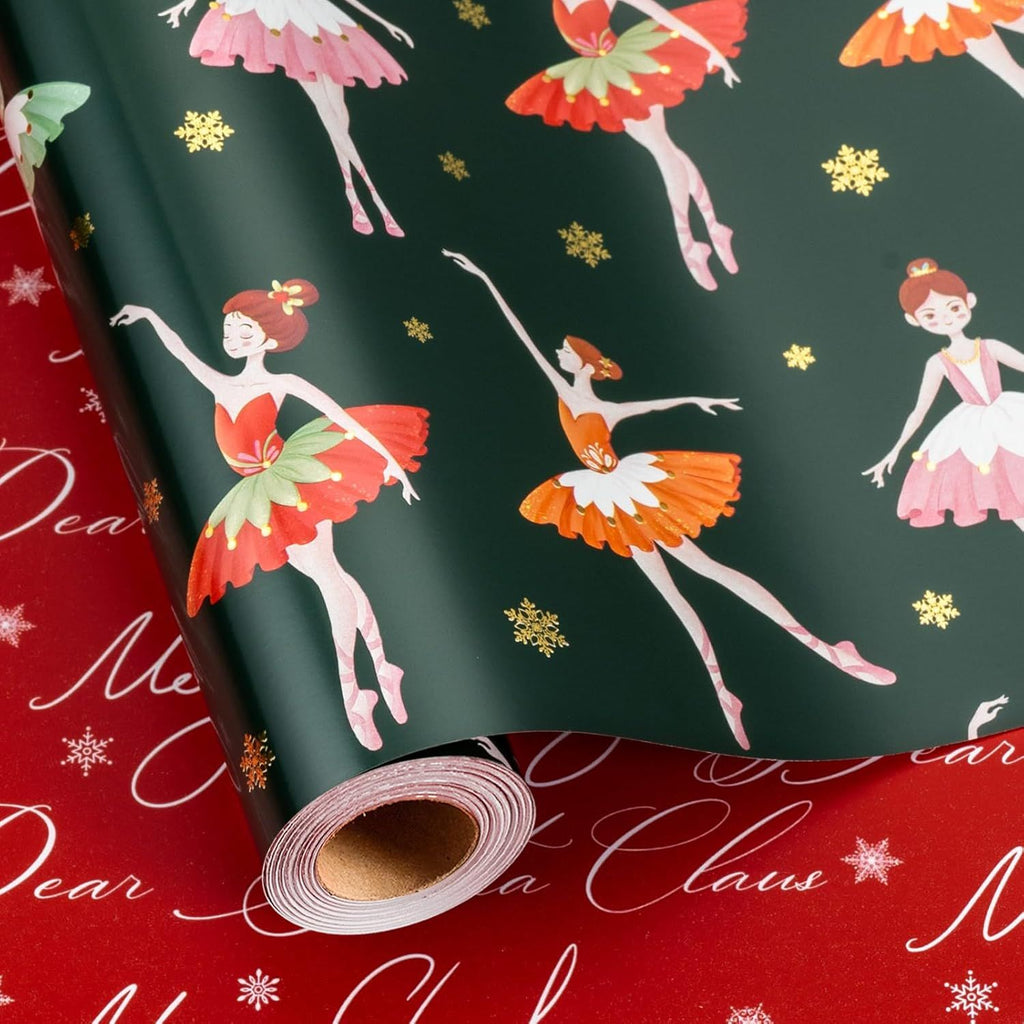 Reversible Green Christmas Wrapping Paper Roll - Metallic Shine Ballet Girl and Snowflake & Merry Christmas Letters Design for Christmas, New Year Celebration - Mini Roll - 17 Inch x 33 Feet