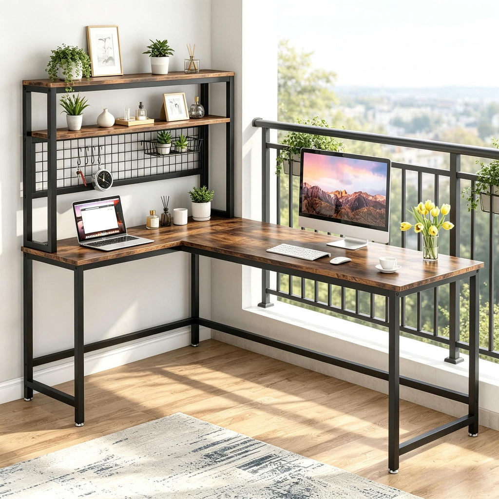Reversible L-Shaped Desk 55 Inch Computer Desk with Wireless Charging And Shelves Home Office Desk with Storage