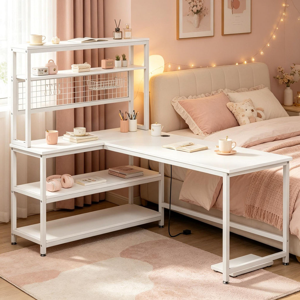 Reversible L-Shaped Desk 55 Inch Computer Desk with Wireless Charging And Shelves Home Office Desk with Storage