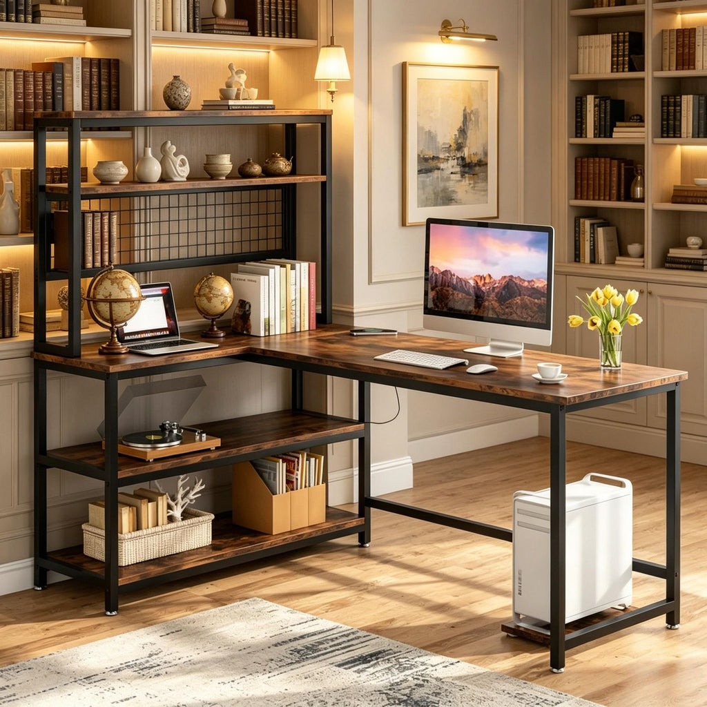 Reversible L-Shaped Desk 55 Inch Computer Desk with Wireless Charging And Shelves Home Office Desk with Storage