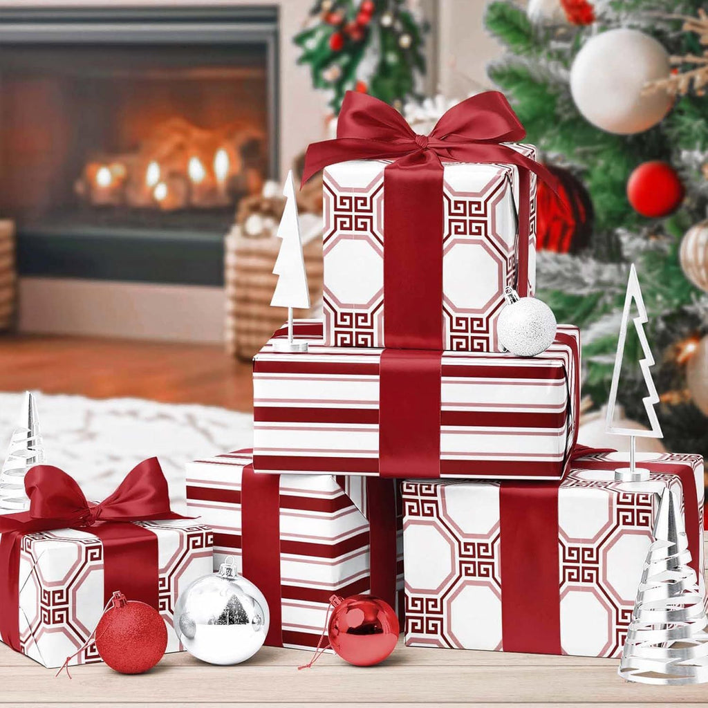 Reversible Minimalist Christmas Wrapping Paper, Greek Key Geometric & Striped Design - Burgundy Pink Modern Gift Wrap for Birthday, Holiday, Xmas Party Celebration, 17 Inch × 33 Feet
