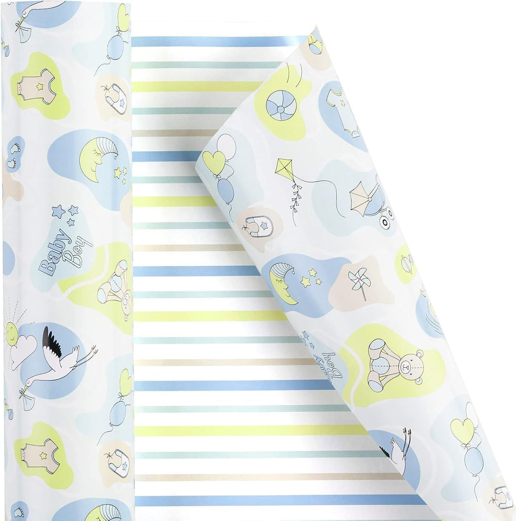 Reversible Wrapping Paper - Mini Roll - 17 Inch x 33 Feet - Baby Boy and Stripe Design for Kids Birthday, Party, Holiday, Baby Shower