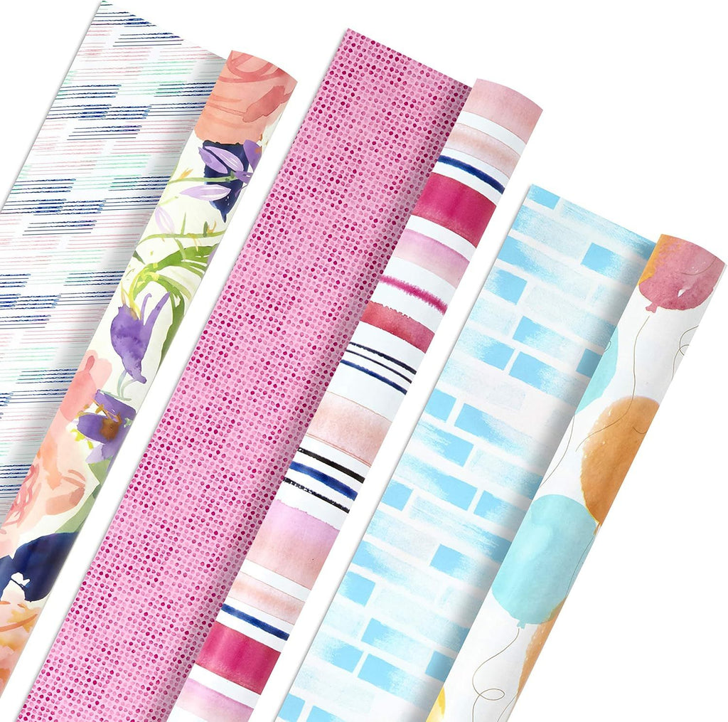 Reversible Wrapping Paper Roll Bundle, Peach & Purple Flowers, Pink Stripes, Balloons (3 Rolls: 75 sq. ft. ttl.) for Birthdays, Mother's Day, Weddings, Baby Showers, and Bridal Showers