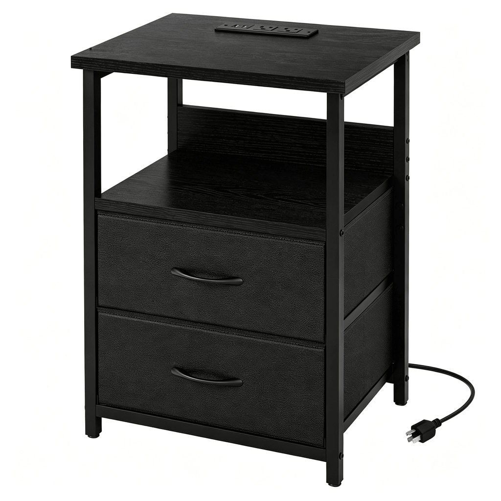 RGB LED Nightstand with Charging Station, 2 Fabric Drawers, Black End Table with Power Outlets & USB Ports for Bedroom