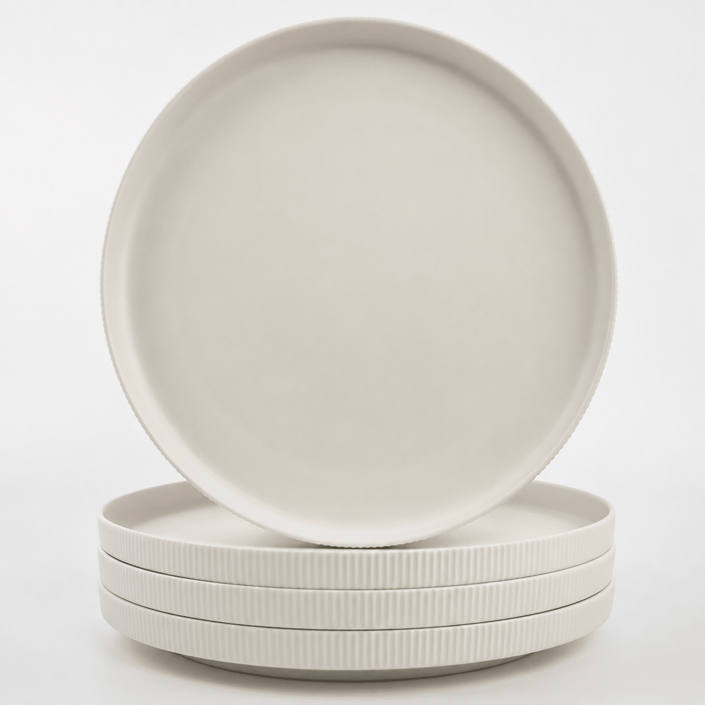 Ribbed 10.5" Stoneware Dinner Plates Set of 4, Modern Textured Ivory Plates for Everyday Dining, Microwave & Dishwasher Safe