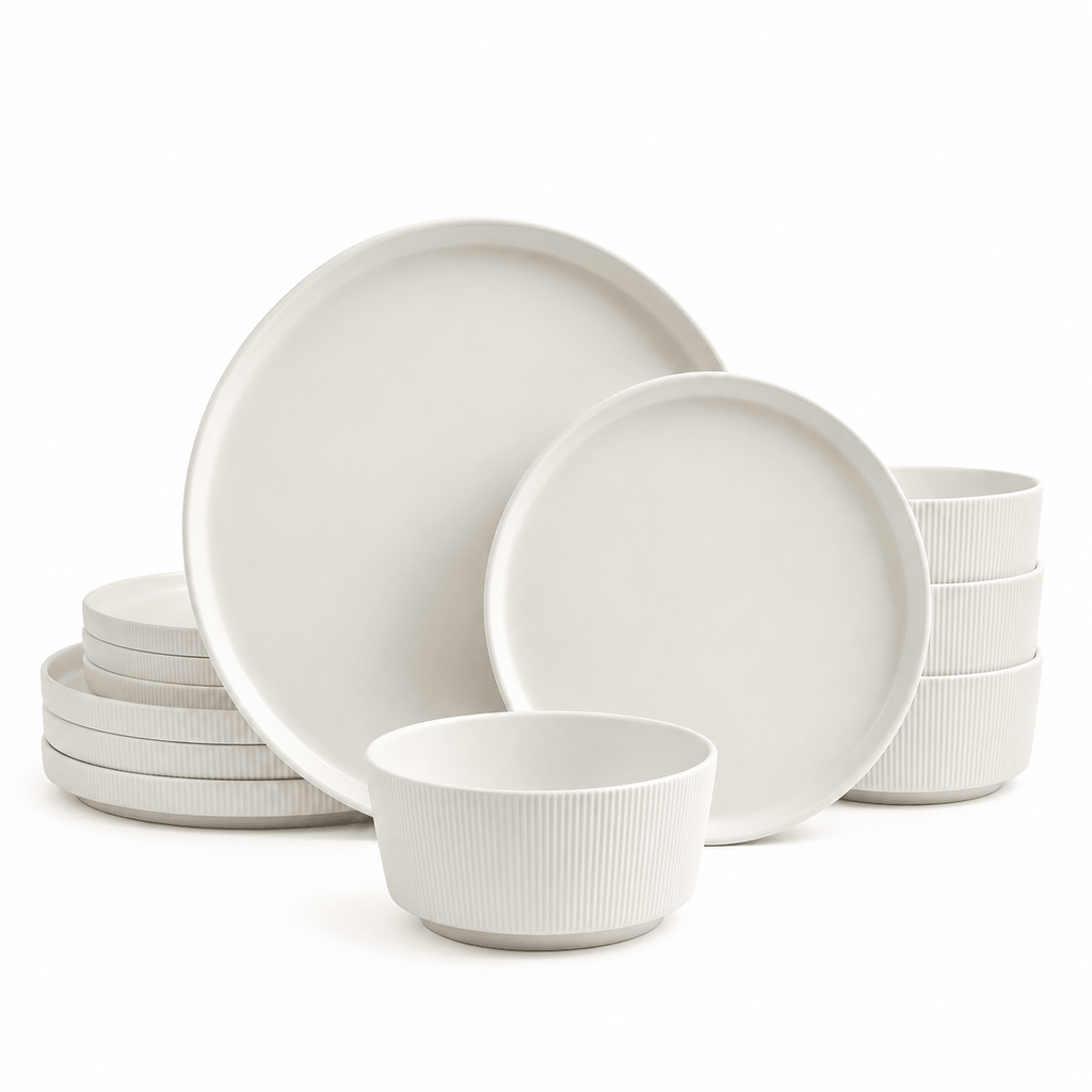 Ribbed 12-Piece Stoneware Dinnerware Set, Modern Textured Plates and Bowls Set for 4, Microwave & Dishwasher Safe
