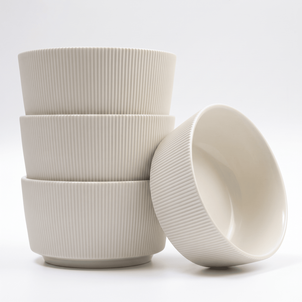 Ribbed 6" Stoneware Cereal Bowls Set of 4, Ivory Textured Soup & Dessert Bowls, Microwave and Dishwasher Safe