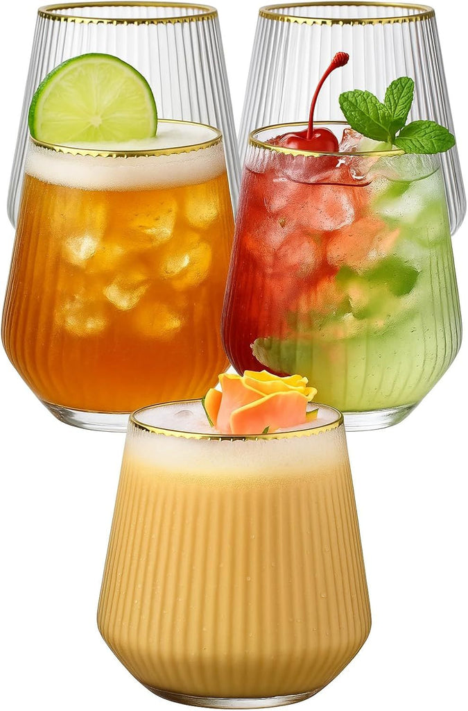 Ripple Unbreakable Stemless Plastic Wine Champagne Whiskey Glasses Elegant Durable Disposable Indoor Outdoor Ideal for Home, Office, Bars, Wedding, Ribbed 12 Ounce Cups (Gold Rim)