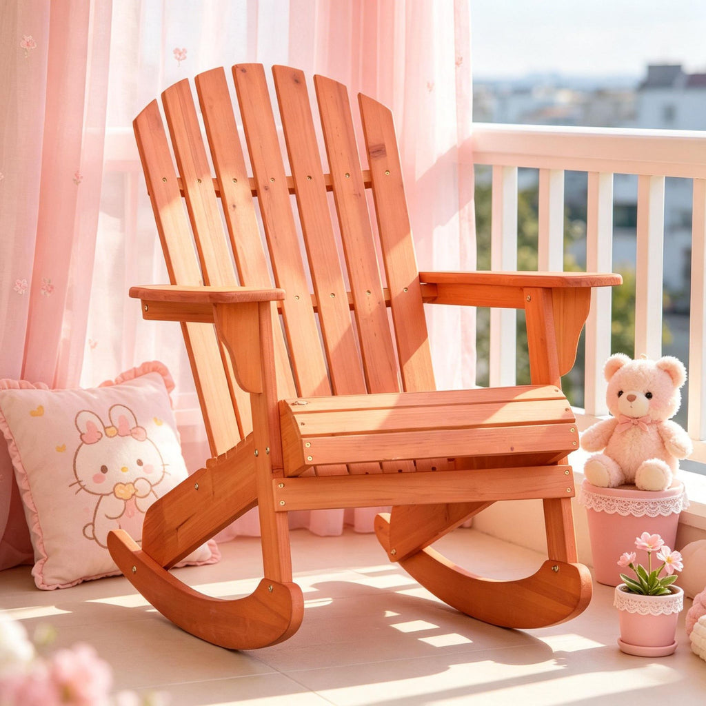 Rocking Chair Slatted Wooden Design Fanned Back Ergonomic Armrests Classic Rustic Style for Porch Patio Backyard Teak