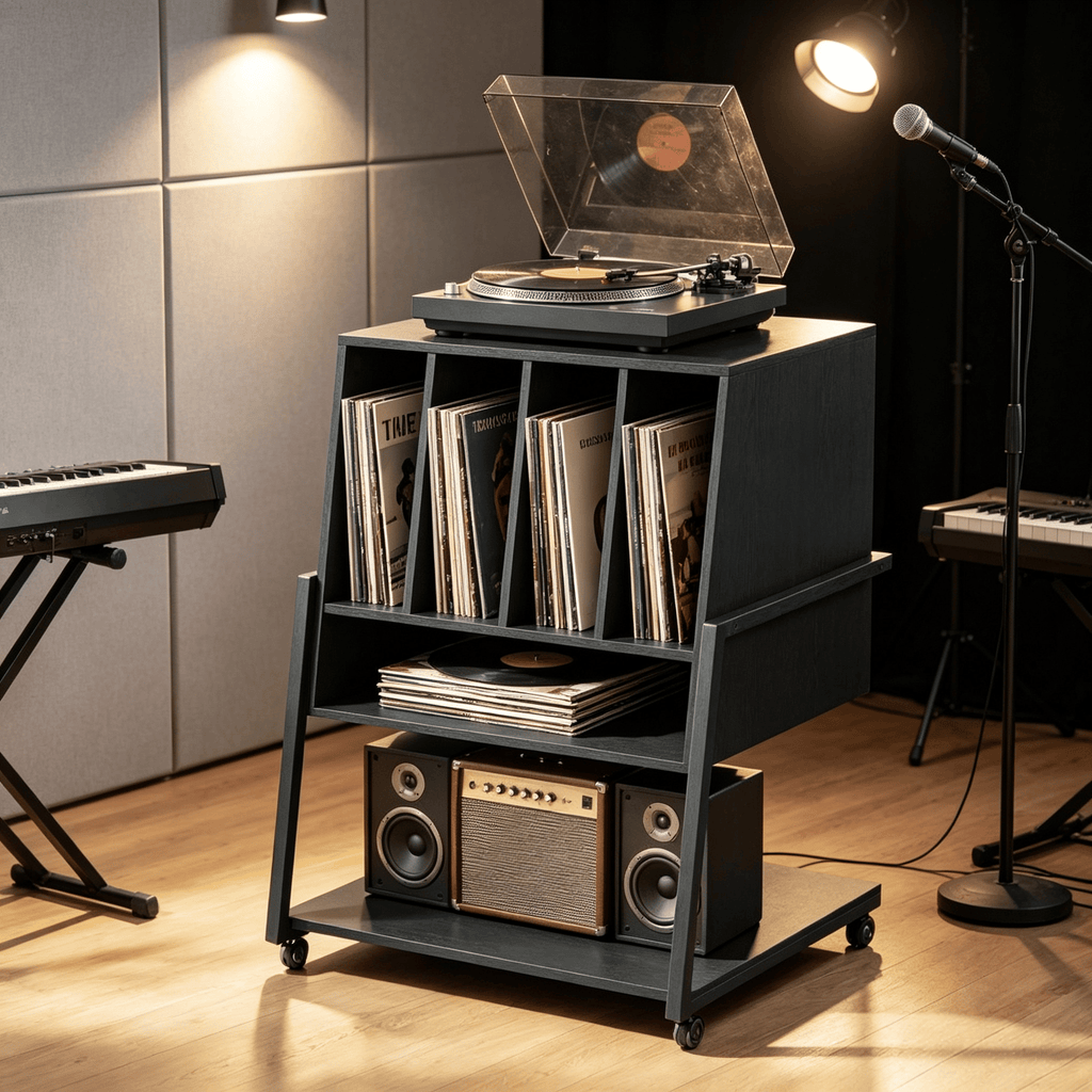 Rolling Turntable Stand with Power Outlets Record Player Stand on Wheels for Easy Movement And Organization