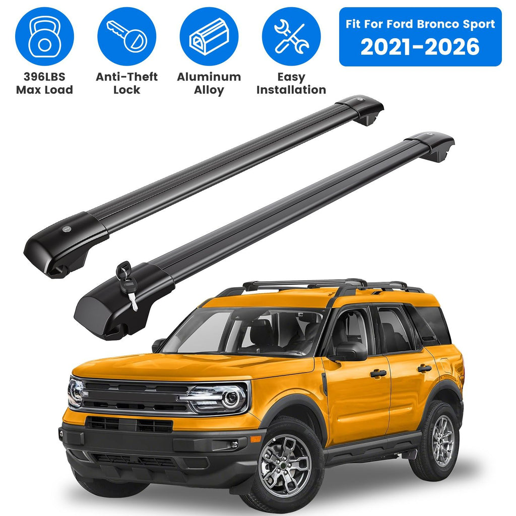 Roof Rack Cross Bars Fit for Ford Bronco Sport 2021-2026 On-Road Off-Road Aluminum Lockable Car Roof Crossbar Set for Factory Raised Side Rails 396LBS Capacity for Luggage Kayak Bike