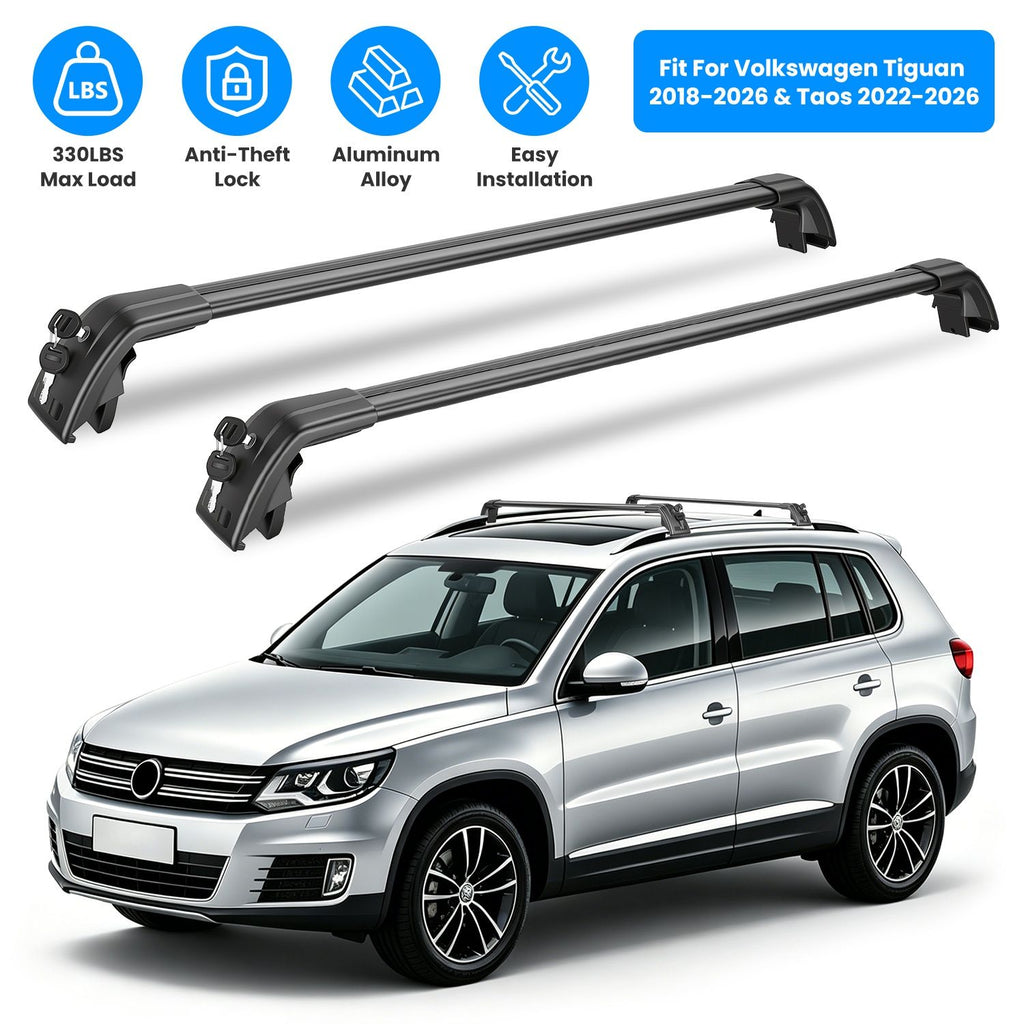 Roof Rack Cross Bars Fit for Volkswagen Tiguan 2018-2026 & Taos 2022-2026 with Factory Raised Side Rails Lockable Aluminum Roof Cargo Carrier Bars 330lbs Max Load for Luggage Kayaks Bikes