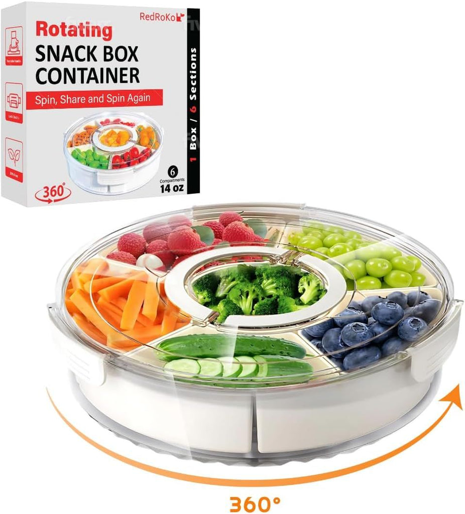 Rotating Snack Box Container - Medium Divided Serving Tray with Lid - Snack Spinner for Kids -Pie Carrier,Mess-Free Snack Container - Veggie Tray with Lid for Fridge - Spinning Snack Container