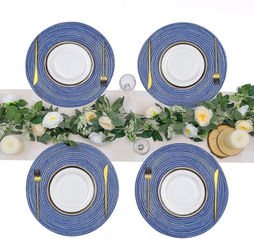 Round Braided Placemats 15 inch Set of 6 Washable Kitchen Table Placemats for Home Wedding Party (Blue White, 6)