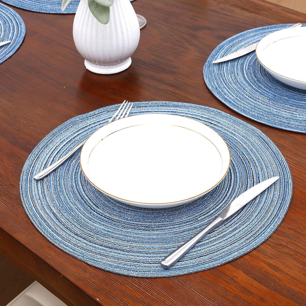 Round Braided Placemats Set of 6 Circle Place Mats Kitchen Table Mats for Dining Table Wedding Party (Blue Gray, 6)