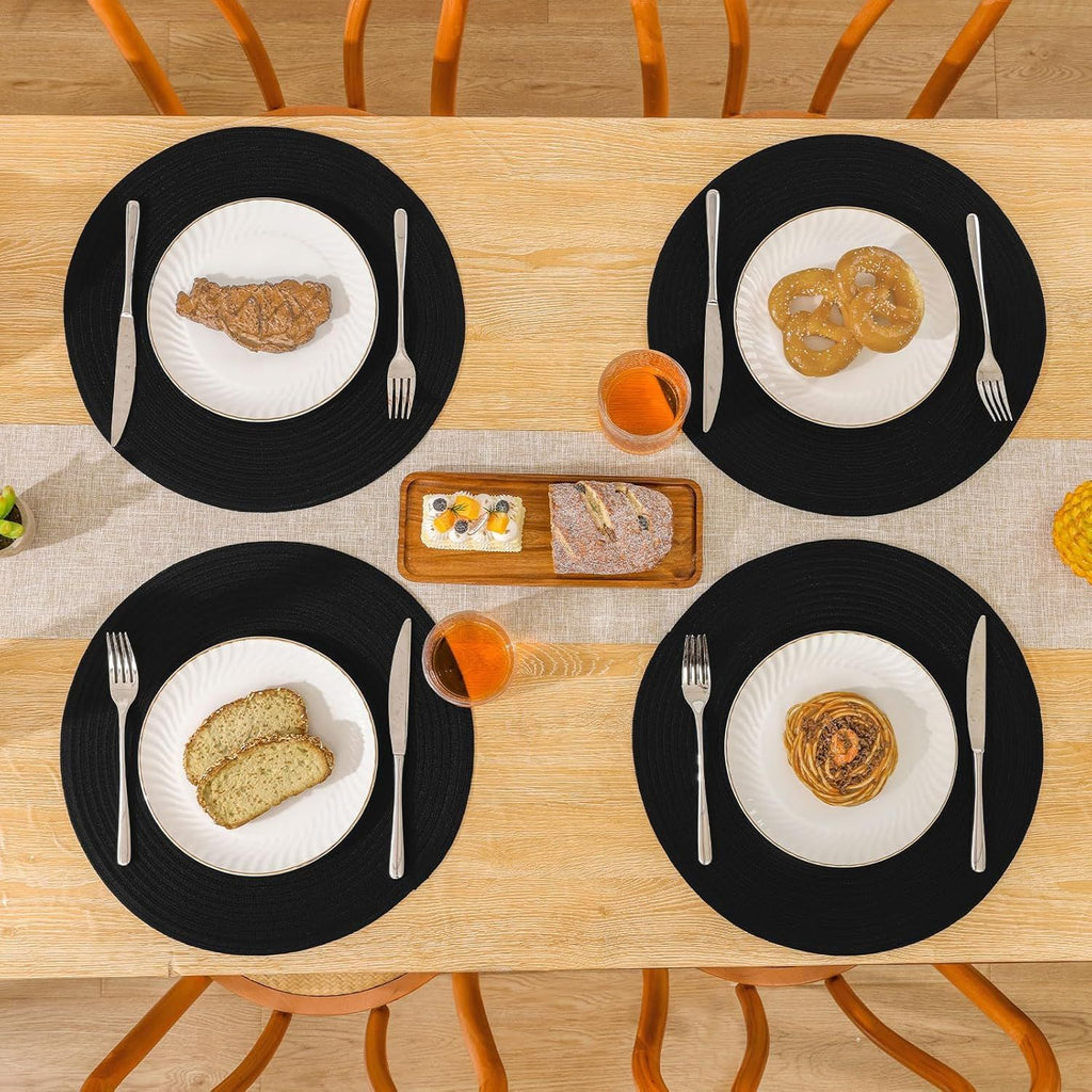 Round Braided Placemats Set of 6 Cotton Polyester Heavy Duty 15 inch Round Table Mats Washable Heat Resistant Place Mats (Black, 6)