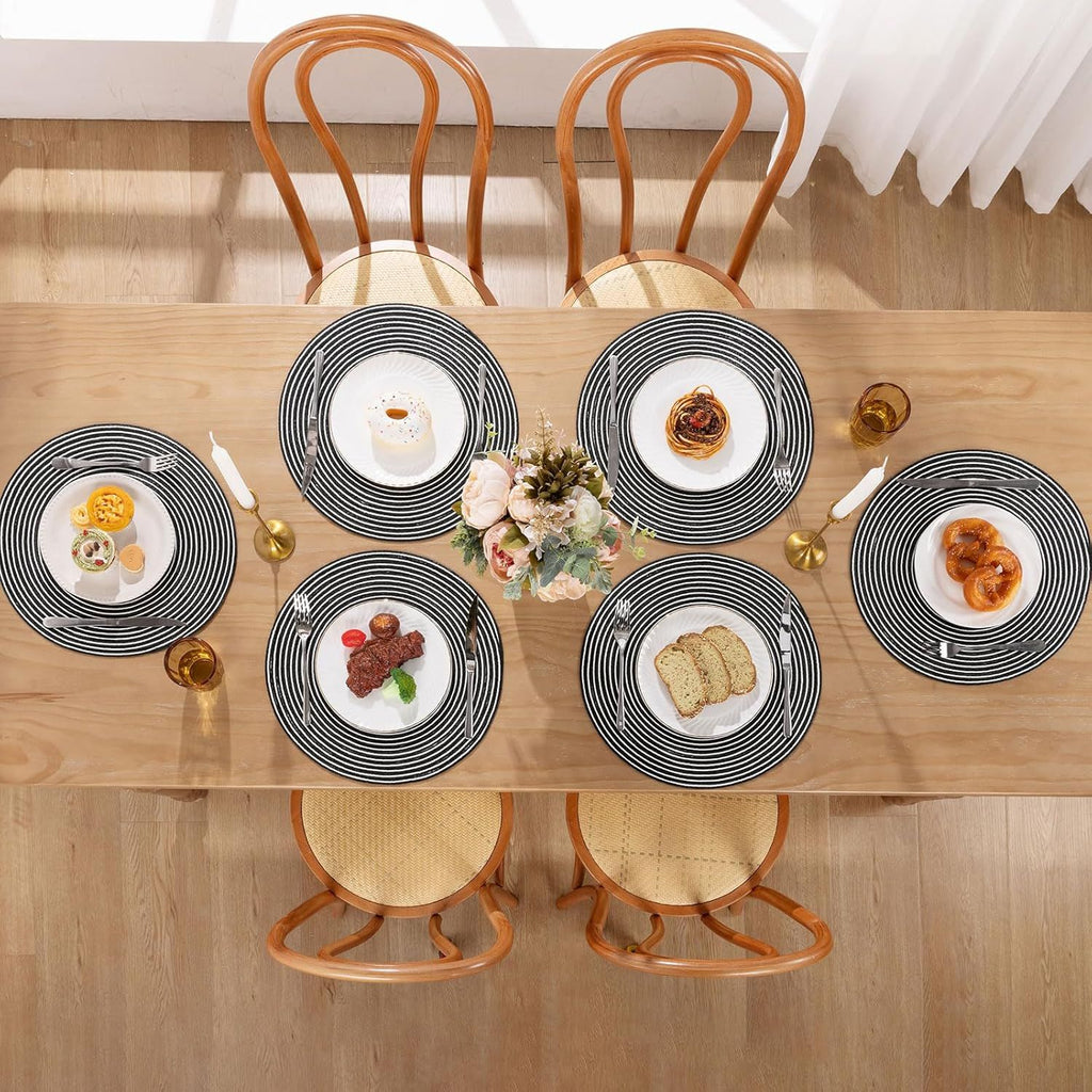 Round Braided Placemats Set of 6 Round Table Mats 15 inch Cotton Washable for Holiday Party (Black Grey, 6)