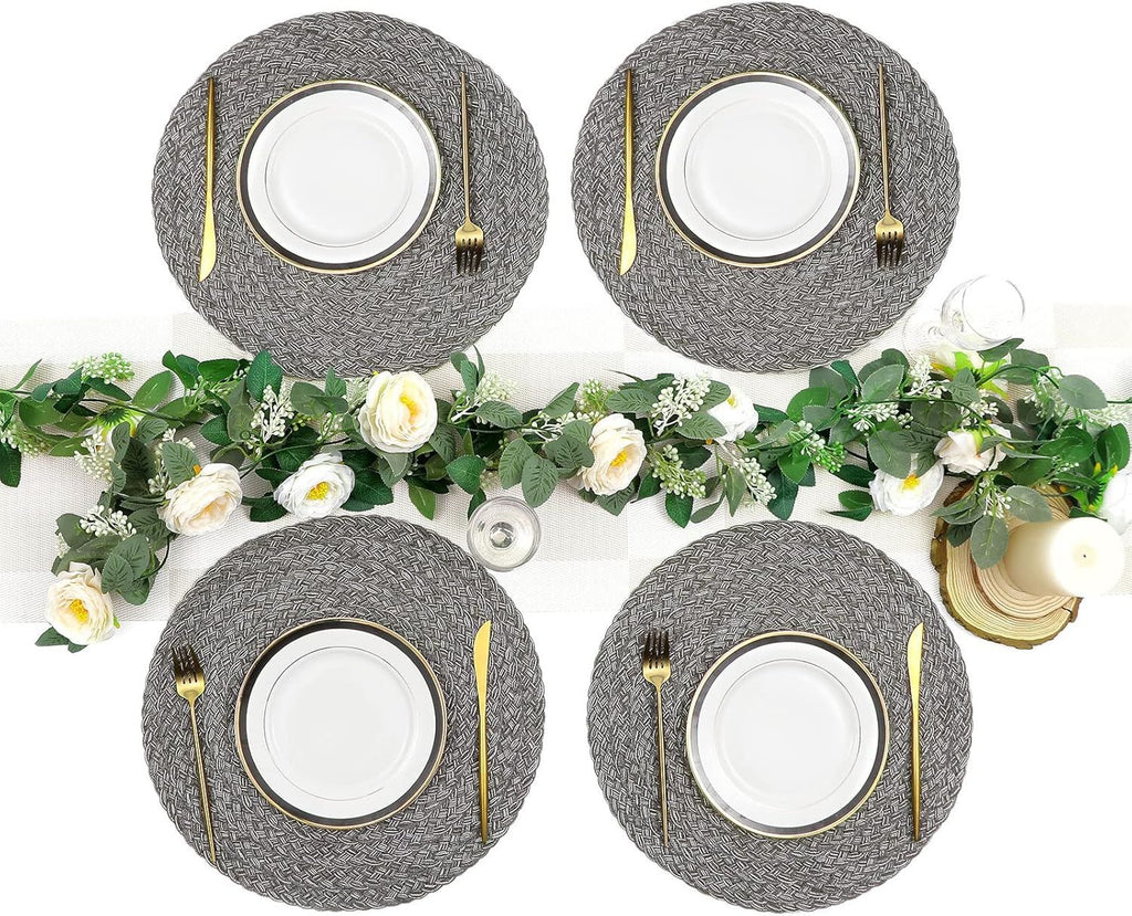 Round Braided Placemats Set of 6 Thick Woven Placemats Washable 15 inch Circle Place Mats Non Slip Table Mats for Dining Table, Gray White