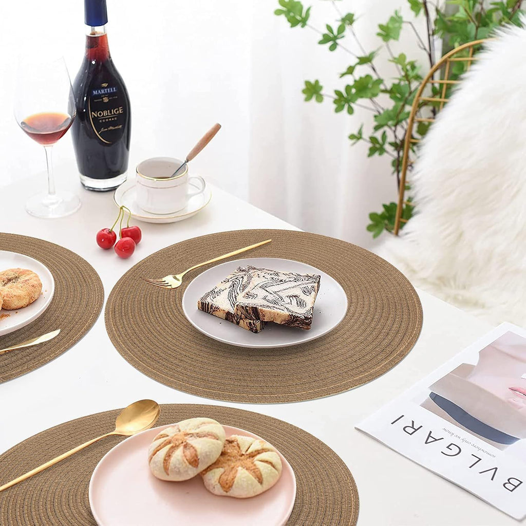 Round Braided Placemats Set of 6 Washable Cotton Polyester 15 inch Round Table Place Mat for Dining Table (Brown, 6)