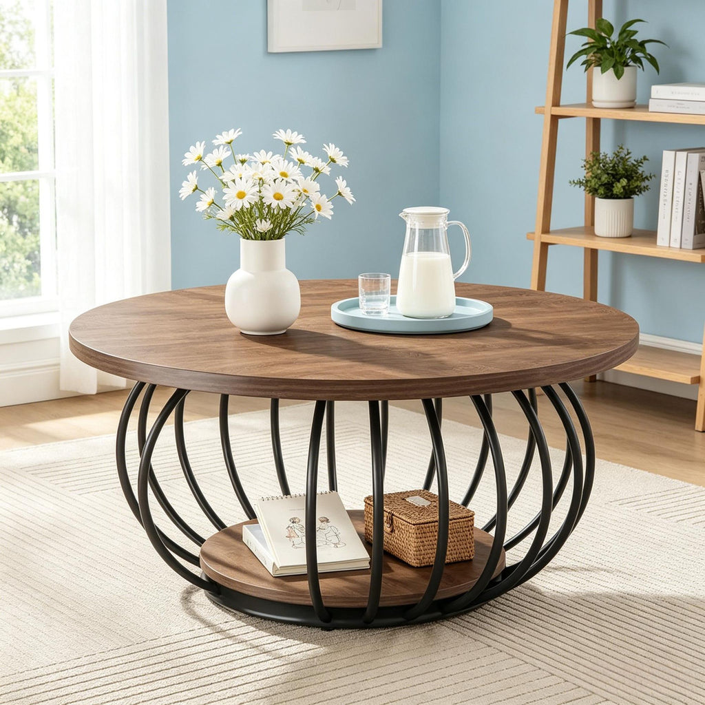 round Coffee Table 39.4 Inch 2-Tier Accent Center Cocktail Table with Storage Shelf Living Room Decorative Table