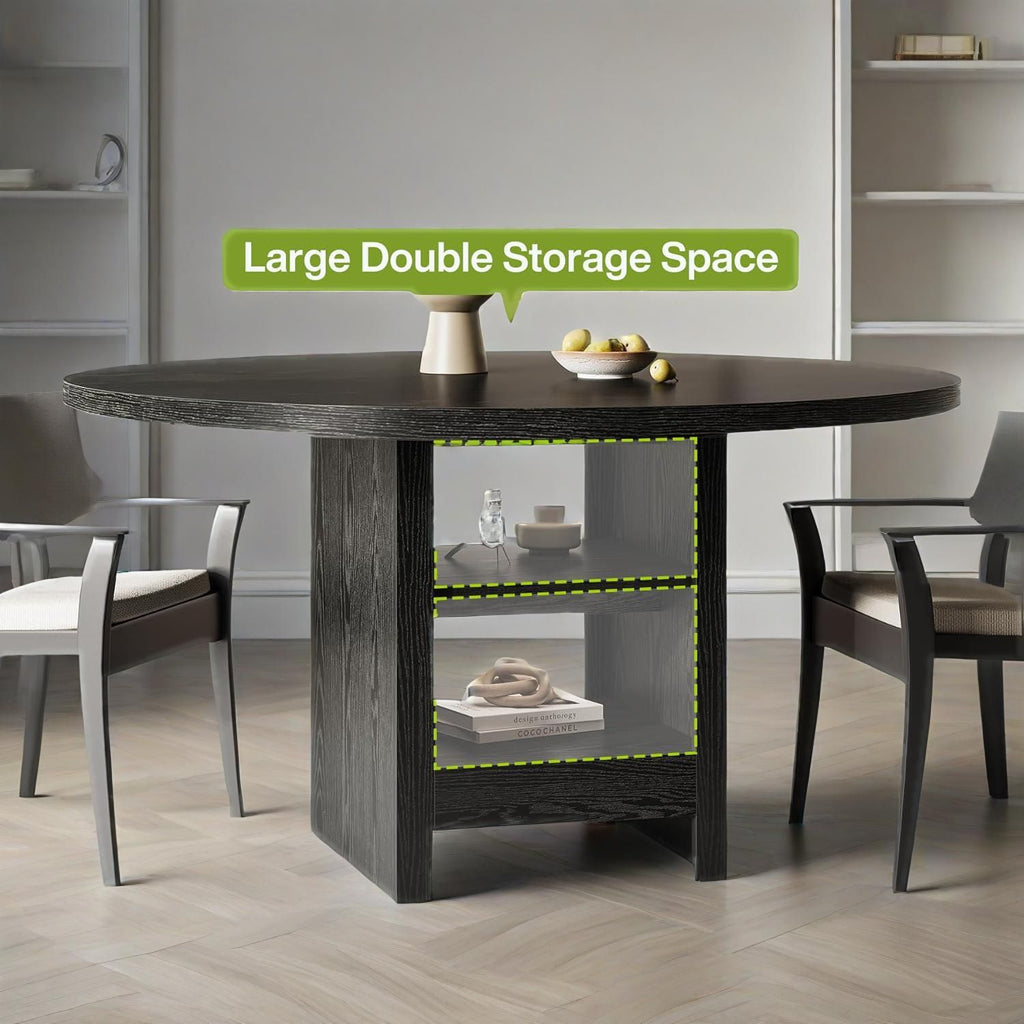 Round Dining Table with Storage, Modern Wood Dinner Table