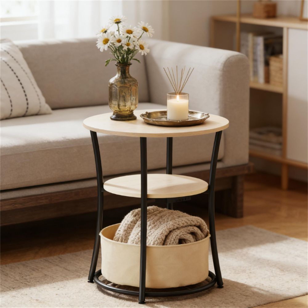 Round edge table, sofa table with storage rack, coffee table, natural wood