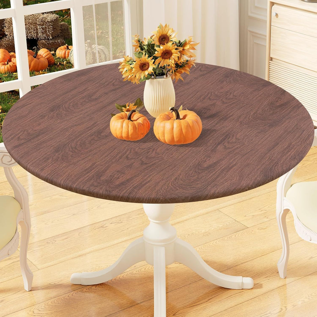 Round Fitted Tablecloth with Elastic Edge, 100% Waterproof Oil Proof Plastic Table Cover, Vinyl Flannel Backed Tablecloth Fits  Round Tables for Dinner, Outdoor, Picnic, Oak Wooden Grain