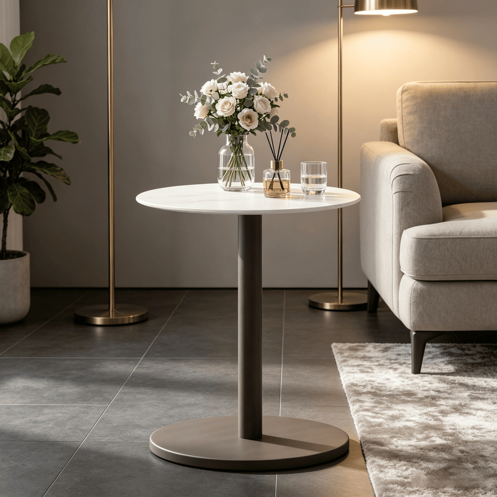 round Marble Side Table Pedestal End Table with Stone Finish Wooden Base Living Room Decorative Coffee Table