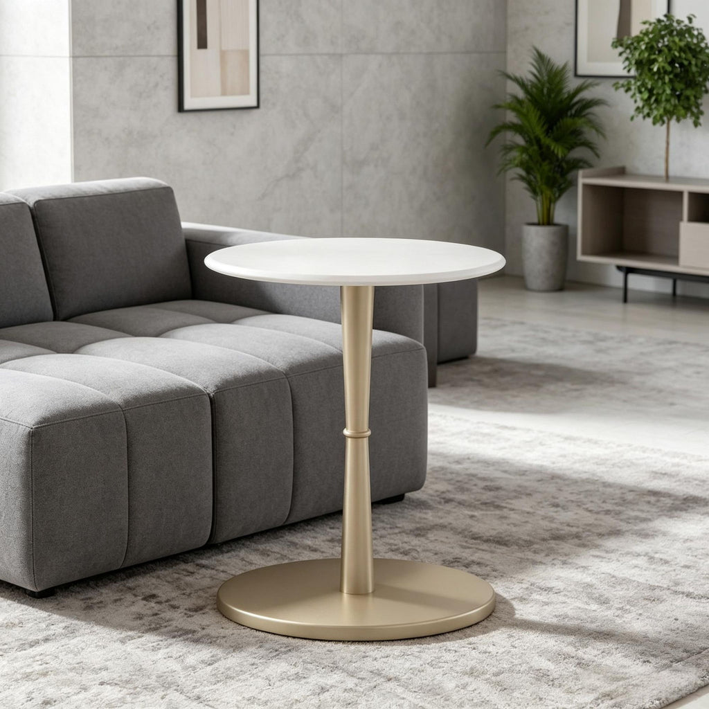 round Marble Side Table Stone Finish Wooden Base Small Spaces Friendly Design Elegant Home Decorative Table