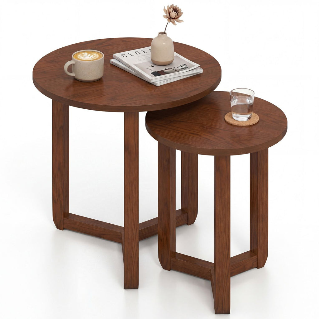 Round Nesting Coffee Table Set of 2 Wood Nesting End Tables with Thickened Top