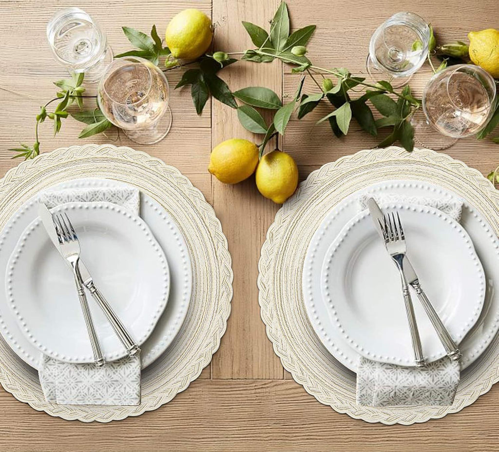 Round Placemats Set of 6 Boho Braided Bordered Placemats 15 inch for Dining Tables Wedding Holiday Party (Ivory Bordered, 6)