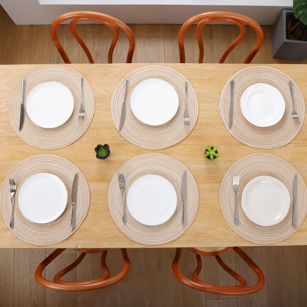 Round Placemats Set of 6 Cotton Polyester Braided Place Mats 15 inch Heat Resistant Washable Table Mats for Kitchen Dining Party Natural Table Decor (Beige, 6)