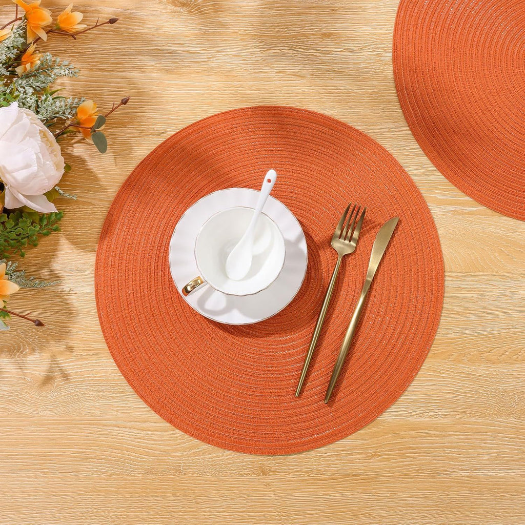 Round Placemats Set of 6 Polyester 15 inch Round Braided Place Mats Washable Non Slip Kitchen Dining Table Mats Autumn Fall Placemats Decor, Bright Orange