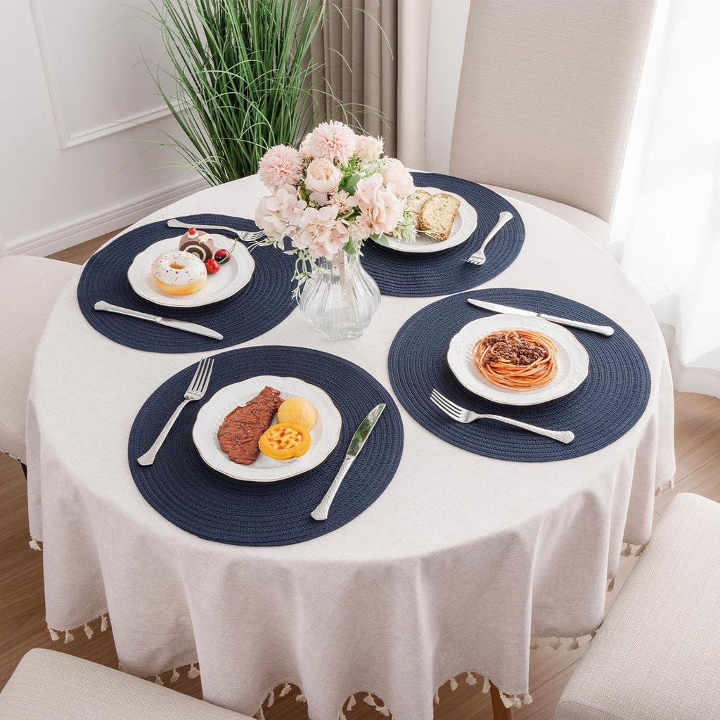 Round Placemats Set of 6 Washable 15 inch Circle Polyester Woven Braided Place Mats for Dining Table Indoor Outdoor Table Mats Home Party Wedding Decor (Navy, 6)