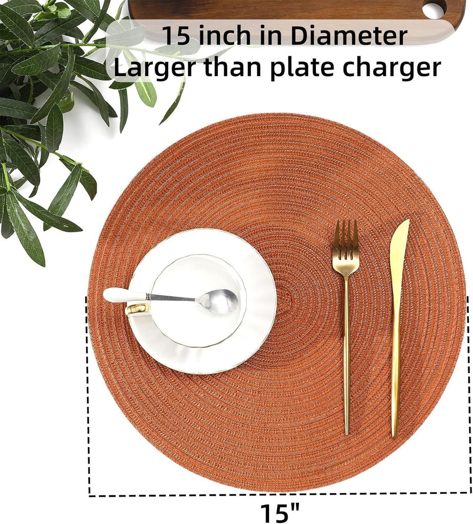 Round Placemats Set of 6 Washable 15 inch Round Placemat Cotton Polyester Woven Braided Table Place Mats for Dining Table Decor, Dark Orange