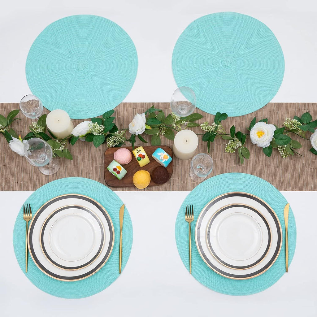 Round Placemats Set of 6 Washable 15 inch Round Table Mats Cotton Polyester Woven Braided Place Mats for Dining Table (Aqua, 6)