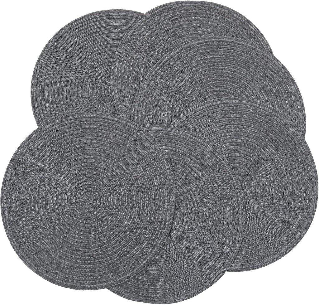 Round Placemats Set of 6 Washable 15 inch Round Table Mats Cotton Polyester Woven Braided Place Mats for Dining Table (Charcoal Gray, 6)