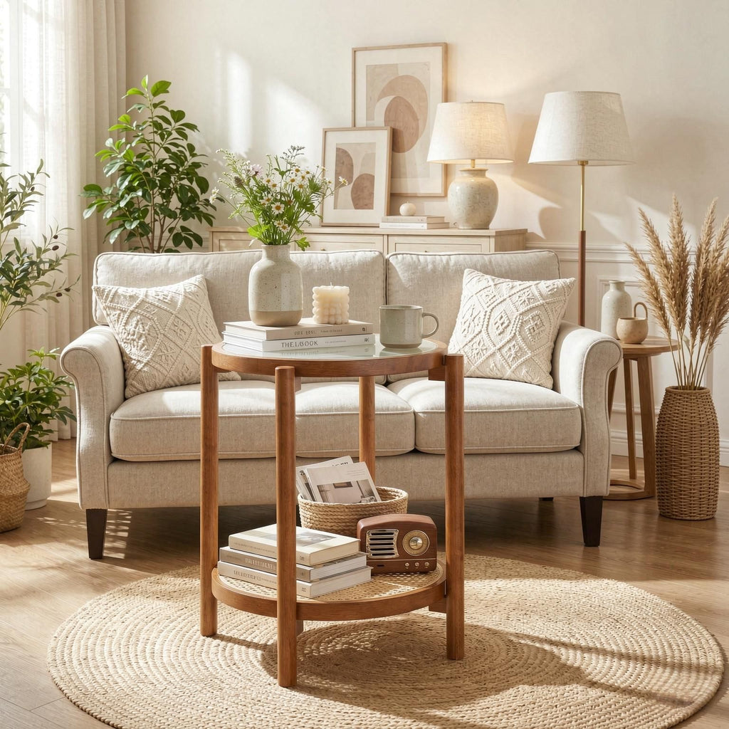 round Side Table 2-Tier Tempered Glass Top End Table for Living Room Decorative Coffee Table