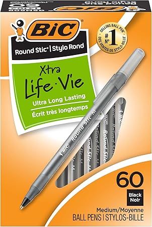 Round Stic Xtra Life Ballpoint Pen, Ultra Long Lasting and Consistent Ink Flow, 60-Count in Black Ink