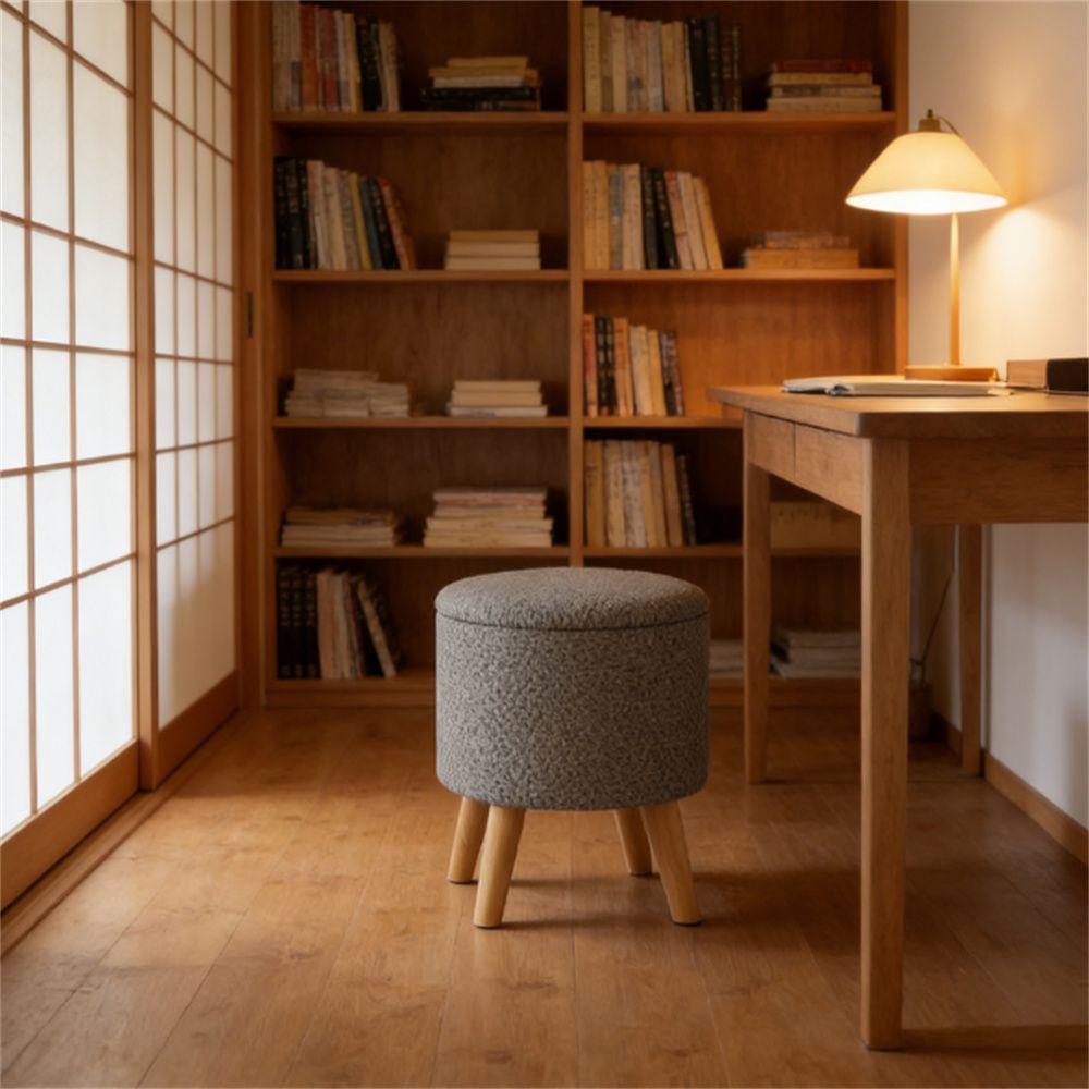Round stool with storage space, round footstool, light gray